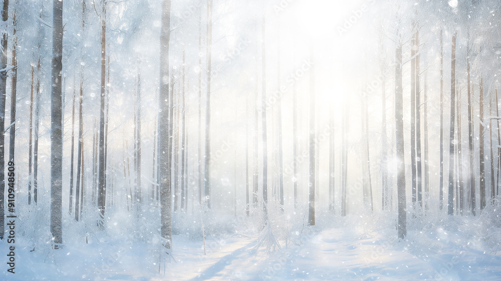 Wall mural snowfall in the morning misty forest, landscape wildlife of winter, sun rays between the trees, seas