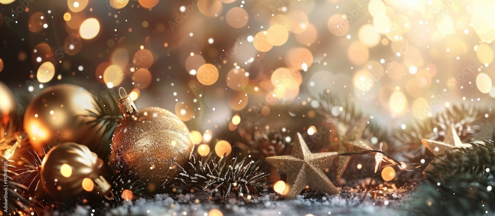Poster Festive Christmas greeting card with New Year concept on bokeh background featuring a flat lay design with a top view and ample copy space image