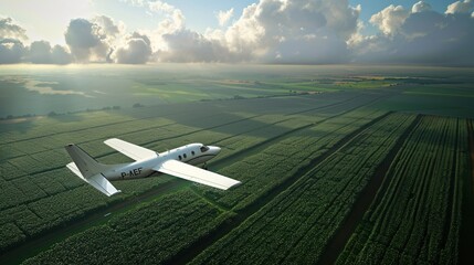 Aerial view of airplane over agricultural fields.