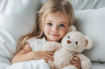A little girl laying in bed with a teddy bear