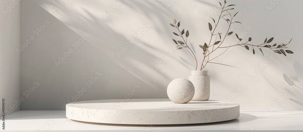 Fototapete stone podium elegantly displaying a product with a white background providing ample copy space image