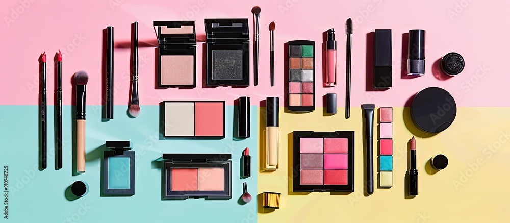 Poster Vibrant makeup array on a pastel pink and yellow backdrop in a flat lay setup with a copy space image