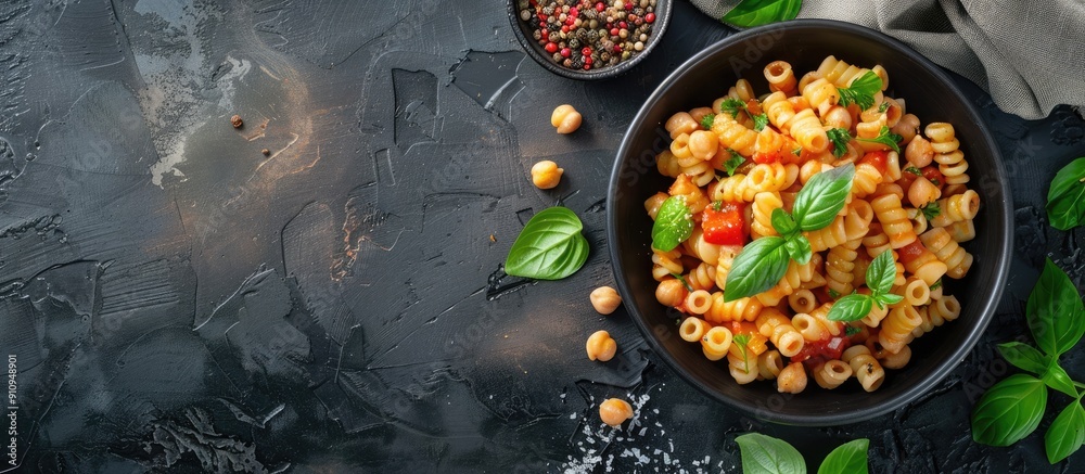 Poster top view image of an italian recipe featuring ditalini pasta and chickpeas with copy space available
