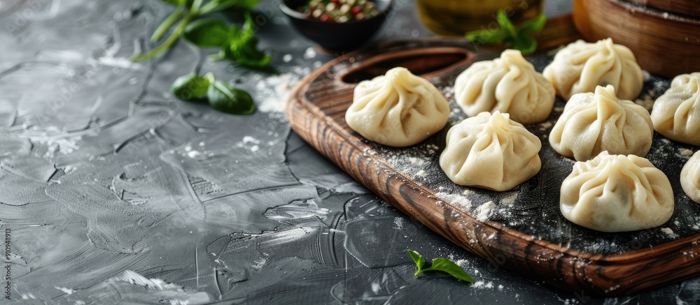 Poster uncooked georgian meat dumplings khinkali on a cutting board with ample copy space image available