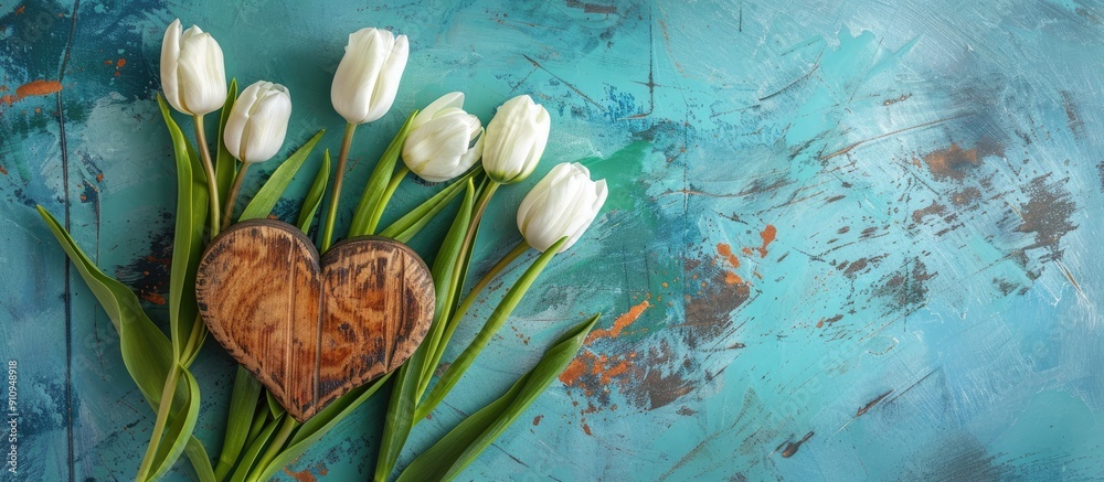 Poster a serene lifestyle composition for a holiday featuring white and green tulips arranged next to a woo