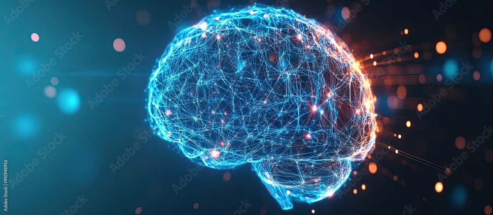 Poster ai illustration of a digital brain hologram with ai and deep learning concepts in business technolog