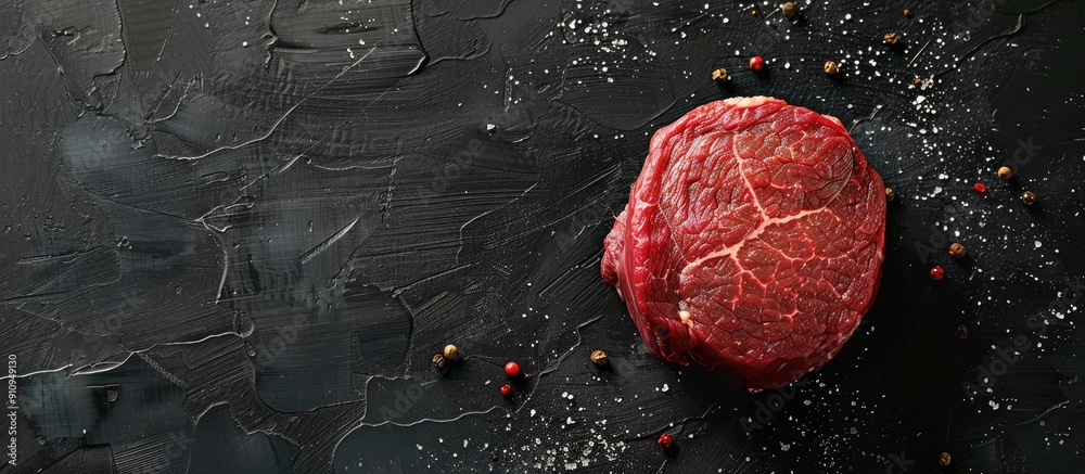 Poster A raw beef tenderloin on a butcher table with a black background seen from above showcasing a copy space image