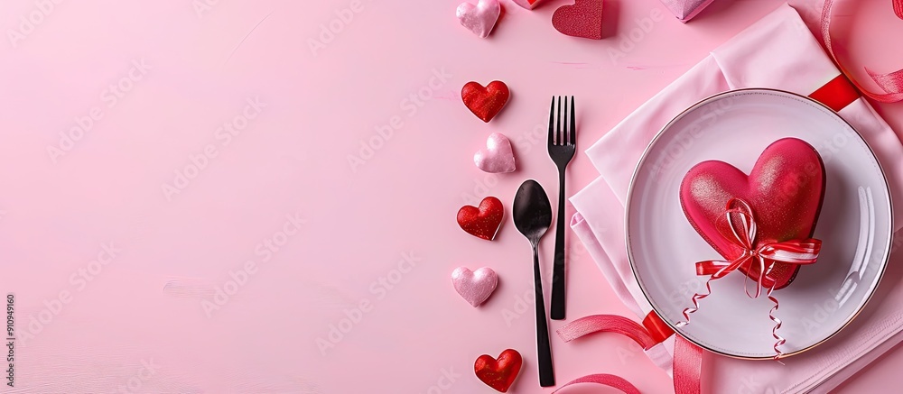 Poster valentine s day table setting with hearts gift and copy space image on a pink backdrop