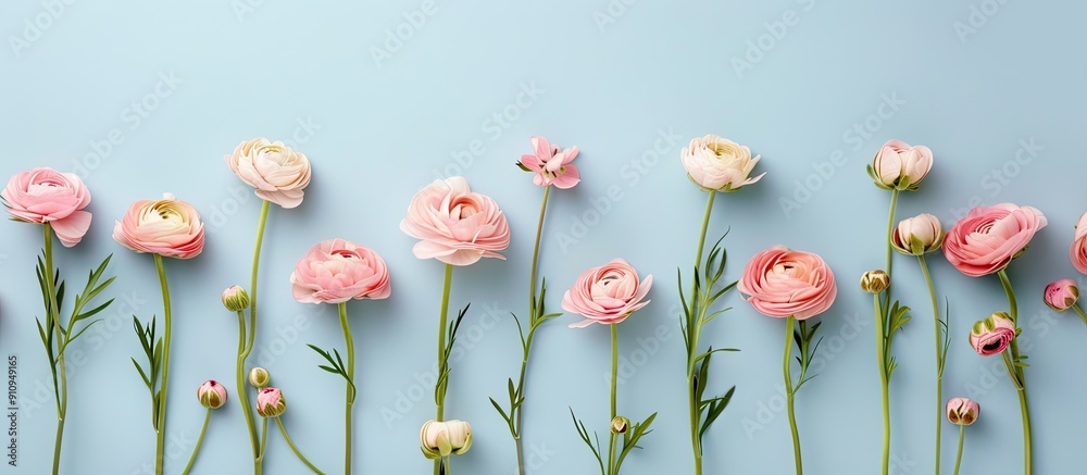 Aufkleber Flat lay of lovely Eustoma flowers on a soft blue backdrop ideal for adding text with copy space image