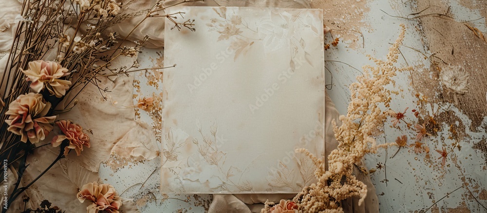 Poster vintage wedding invitations featuring dried flowers on a rustic textile background displayed from an