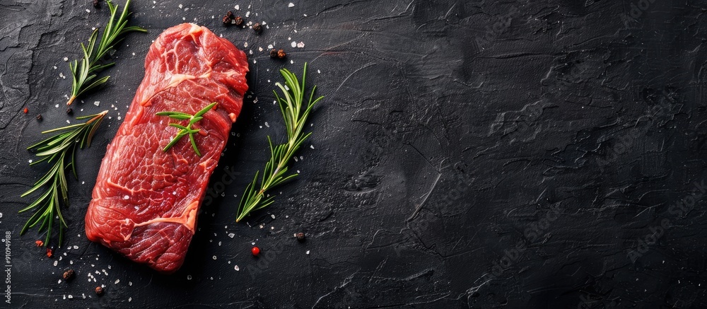 Poster top view of raw striploin steak or new york strip loin on black background with copy space image