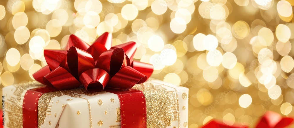 Poster White gift box adorned with a large red bow set against a golden backdrop offering ample copy space image