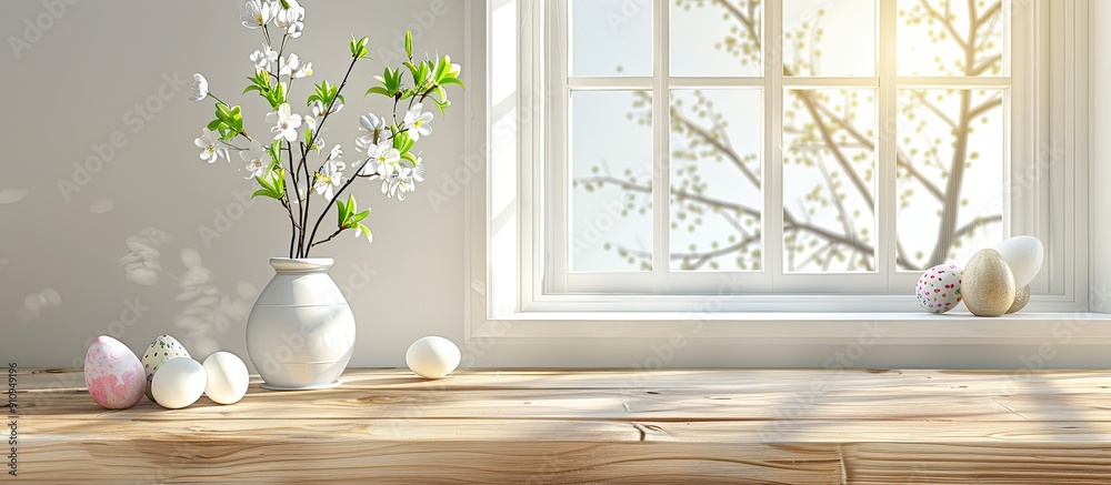 Poster A sunny day with a white window and an Easter theme on a wooden board with ample copy space image for decoration and product display