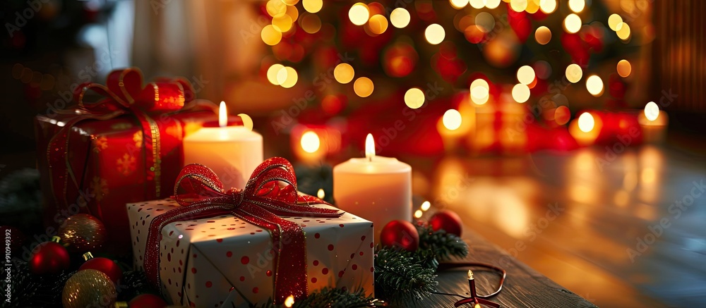 Fototapete a festive scene featuring christmas presents and lit candles with a background ideal for adding text