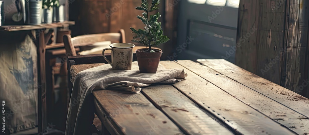 Leinwandbilder retro style coffee table adorned with cloth a small tree and napkin on a vintage wooden surface crea