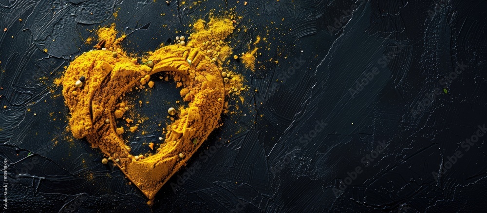 Aufkleber A heart shape created from yellow spices on a black background for a cookery theme with copy space for text or labels in an overhead flat lay view