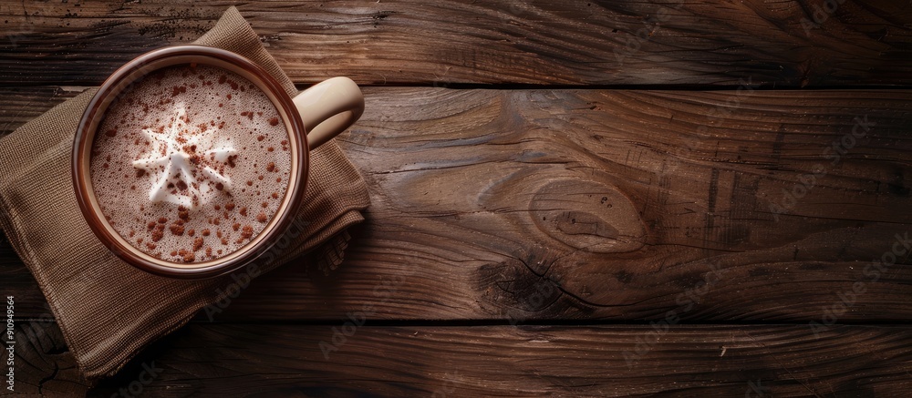 Aufkleber an inviting cup of hot mocha on a wooden table with a copy space image perfect for a morning breakfa