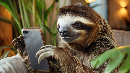 Cute sloth with a smartphone in his hands