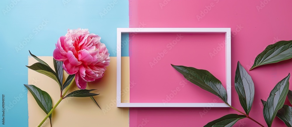 Poster Peony flower in pink close up on a colorful background within a white frame A minimalistic composition with a flat lay and top view emphasizing the natural concept and copy space image