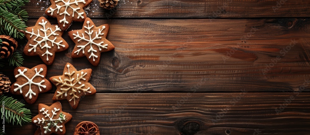Fototapete A rustic wooden table with Christmas themed homemade gingerbread cookies displayed atop it perfect for use as a background copy space image