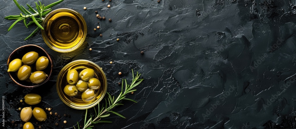 Poster top view of olive oil olives and rosemary sprigs arranged on a black background with empty space for
