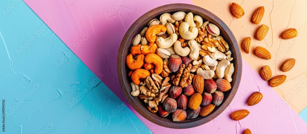 Aufkleber Top view showing a variety of nuts like cashews hazelnuts walnuts and almonds in a wooden bowl on a colorful table with room for text or graphics in the image. Creative banner. Copyspace image