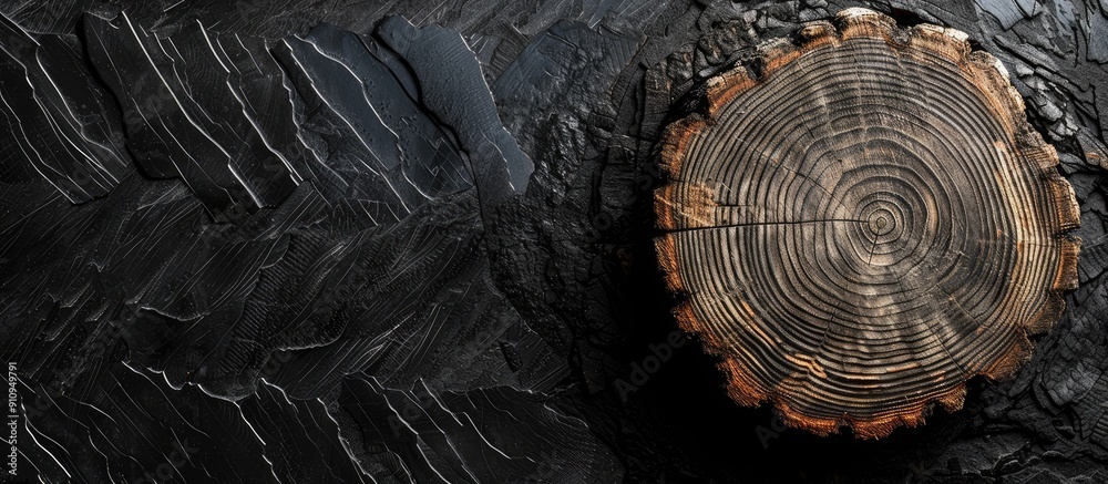 Aufkleber Round tree stump on black zigzag textured backdrop with copy space image showcasing tree rings