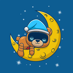 Cute bear robot sleeping on crescent moon. Cartoon vector icon illustration