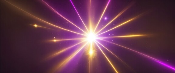 Purple light burst with the color of yellow, golden sparkling abstract beautiful rays of lights on dark background