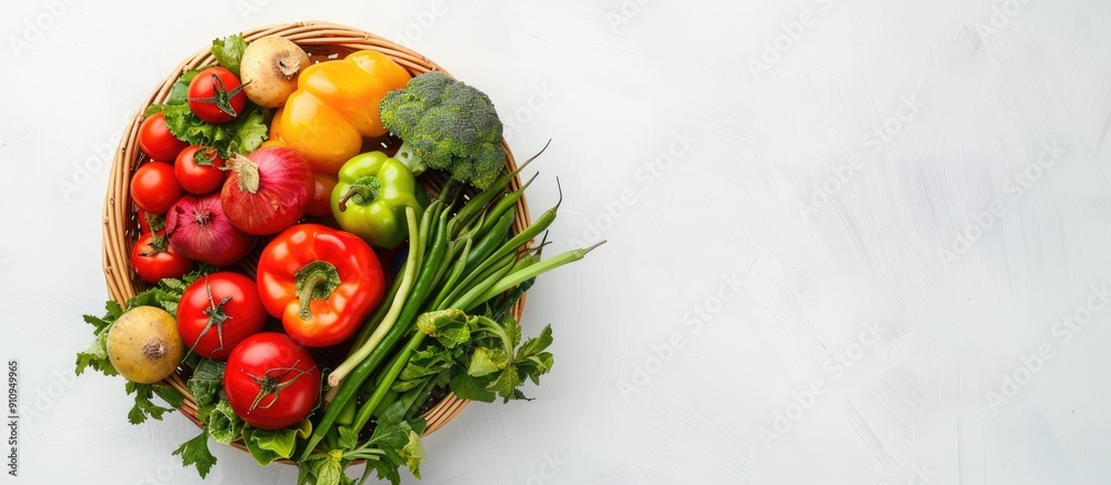 Poster Isolated on a white background a top view basket of vegetables is ideal for a web banner with ample copy space image