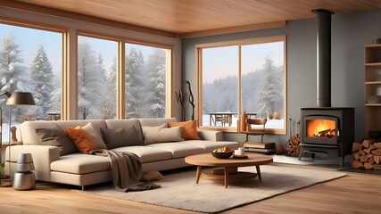 Fototapeta premium A contemporary living room including a wood stove that is currently being used during the winter - Illustration IA