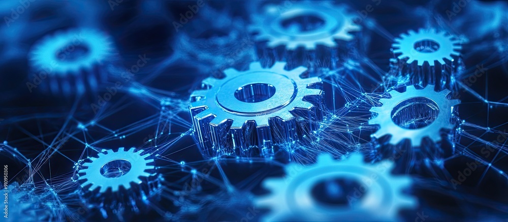 Poster gears mechanism displayed on virtual interface automation and business process workflow concept