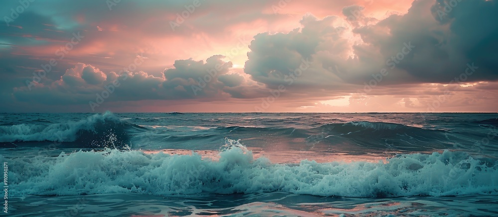Aufkleber scenic seascape at dusk with waves crashing under a beautiful cloudy sky ideal for travel and touris
