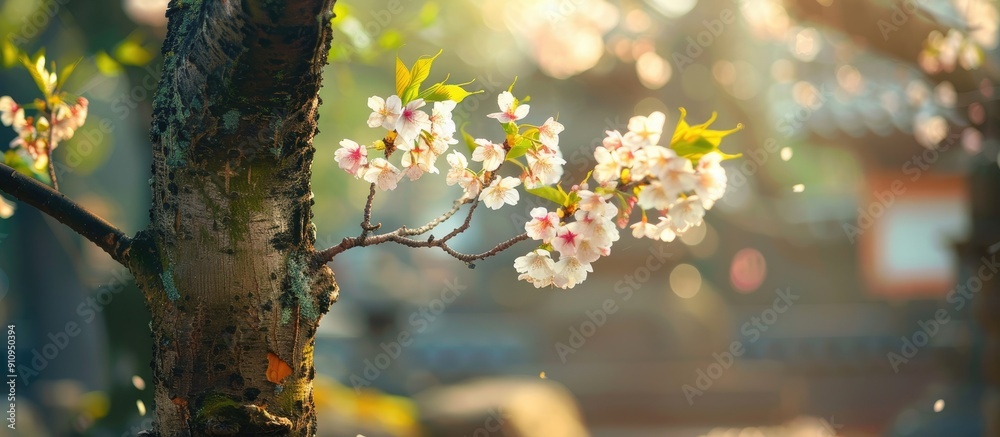 Poster Hiroshima Mint showcasing a lovely tree with two cherry blossoms in a serene display perfect for including in a copy space image
