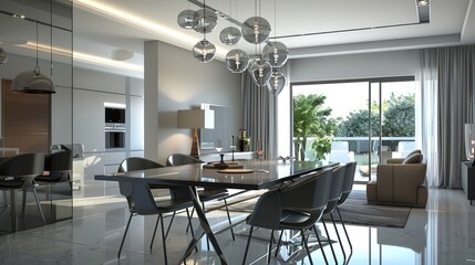 Fototapeta premium A modern dining area with a glass table, designer chairs, and a statement lighting fixture above.