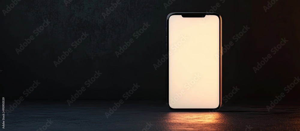 Poster modern smartphone with a blank screen on a dark surface isolated against a dark backdrop highlightin