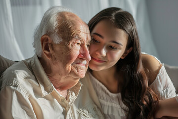 Emotional Portrait of Elderly Man and Young Girl Showing Generational Bond and Reflection
