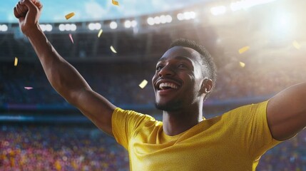 Triumphant male athlete in yellow jersey celebrating victory at stadium Generative AI