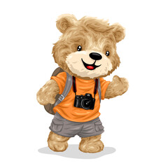 Cute teddy bear cartoon character traveler with camera. Vector illustration