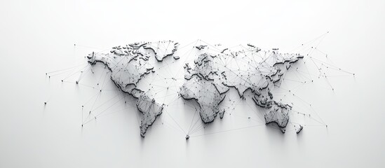Monochrome Global Network Concept Featuring World Map and Wireframe Digital Polygonal Connections Scientific and Technological Background Creative Design Template on White