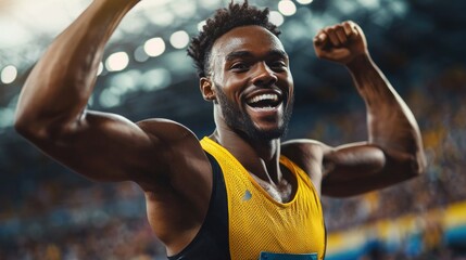 Triumphant male athlete in yellow jersey celebrating victory at stadium Generative AI