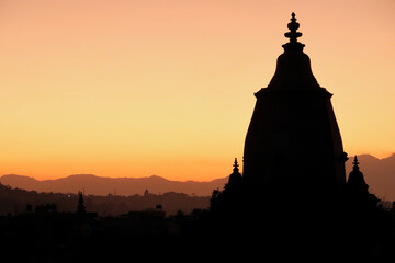 The silhouette, contour of the Shilu, Silu Mahadeva, Mahadev Temple in front of a colorful landscape, sky after sunset, Durbar Square, Bhaktapur, Nepal