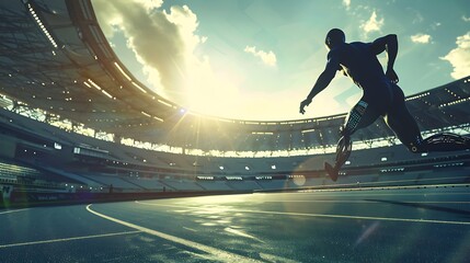 Athlete with Prosthetic Legs Running on Track in a Stadium - Powered by Adobe