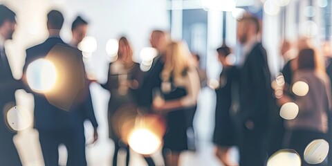 A blurred shot of business people networking at an office party, with soft lighting and bokeh effects creating a warm, social atmosphere.