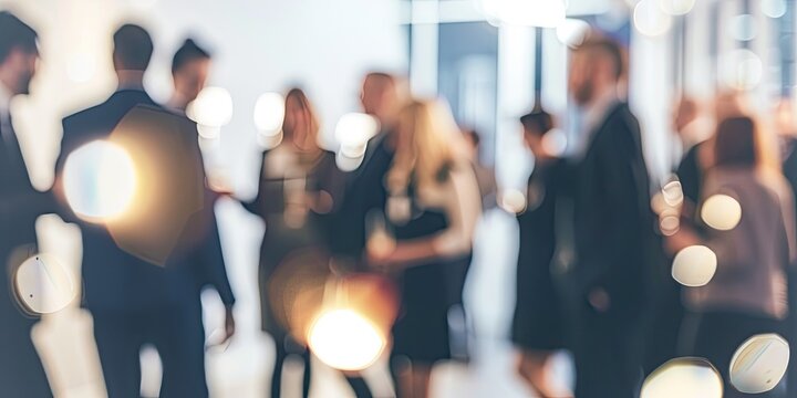 A blurred shot of business people networking at an office party, with soft lighting and bokeh effects creating a warm, social atmosphere.