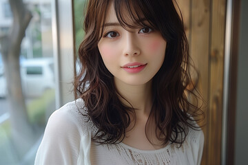 白いTシャツとパーマが似合う女性 /  A woman who looks good with a white T-shirt and perm