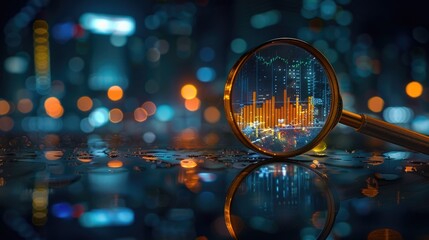 A magnifying glass placed over a financial chart with orange bars, set against a blurred cityscape at night. The image emphasizes data analysis and urban financial trends