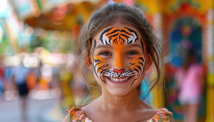 A small girl has her face beautifully painted to resemble a tiger in vibrant colors © ЮРИЙ ПОЗДНИКОВ