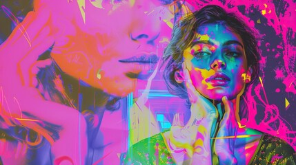 A vibrant, neon-colored abstract portrait of a woman with layers of graffiti and paint splashes....