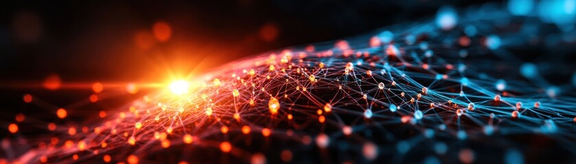 Abstract Network of Glowing Nodes and Connections Representing Data and Technology in a Digital Landscape